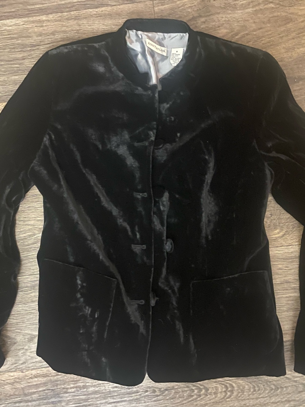 Ann Taylor Black Velvet Collarless Button Jacket